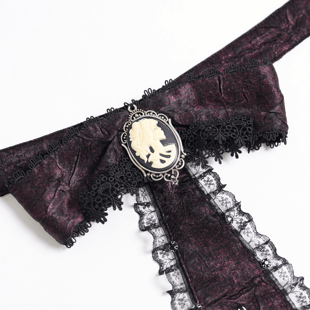 Victorian Gothic Burgundy Blouse with Cameo Brooch