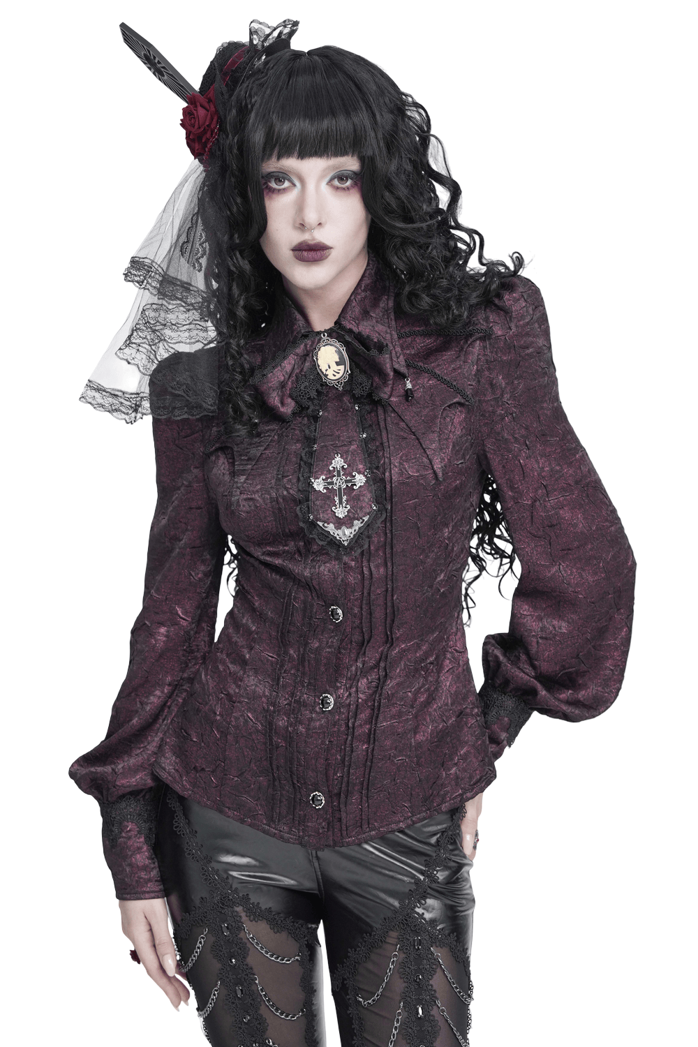 Victorian Gothic Burgundy Blouse with Cameo Brooch