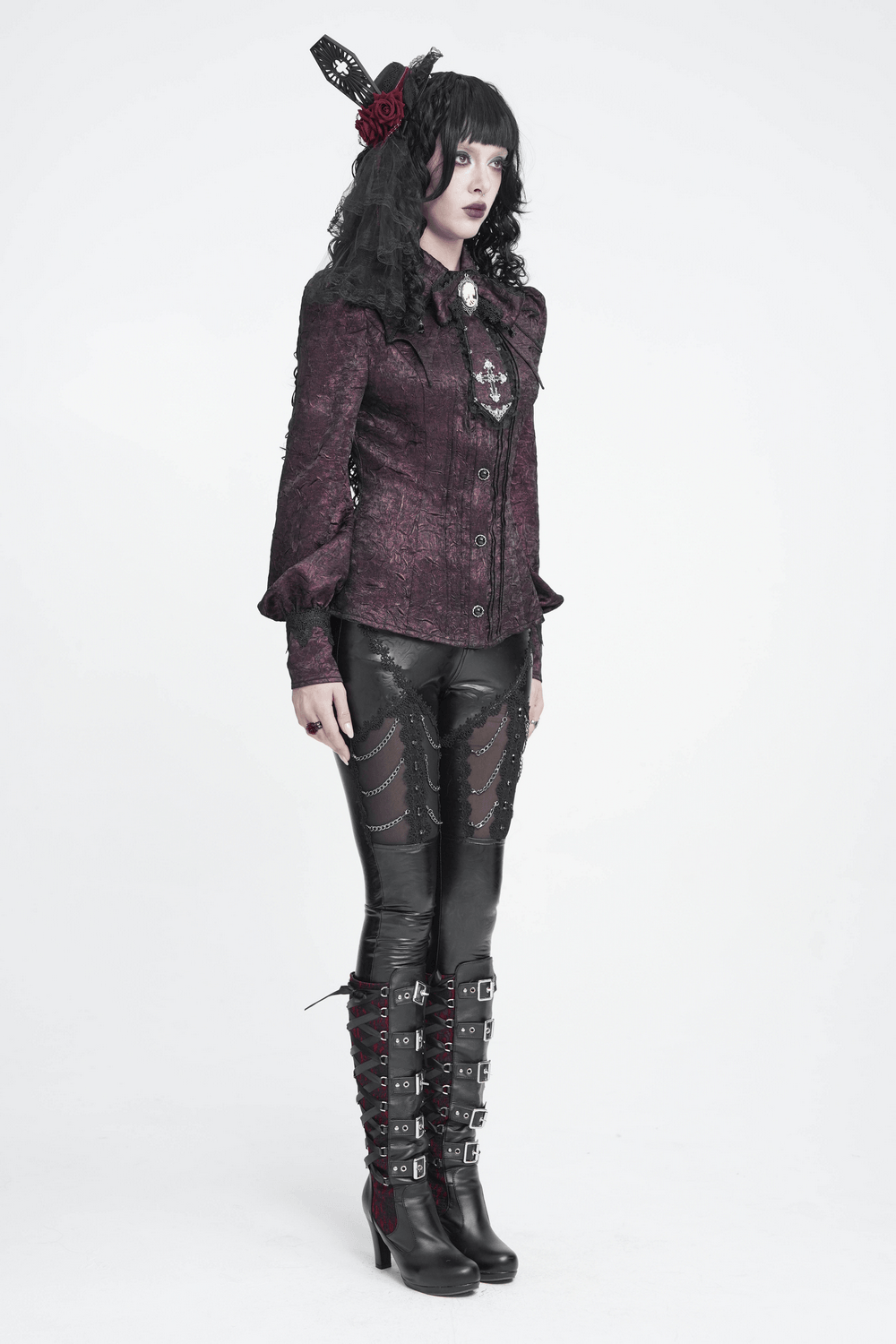 Victorian Gothic Burgundy Blouse with Cameo Brooch