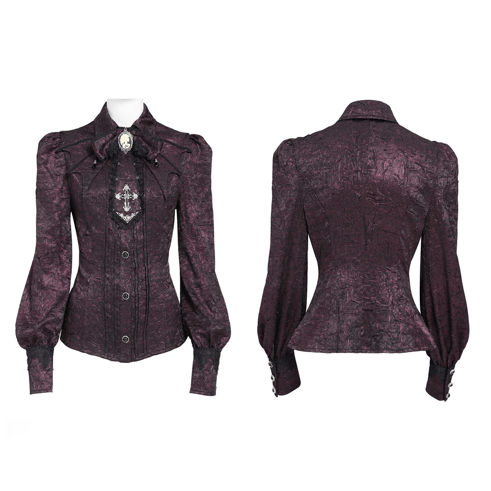 Victorian Gothic Burgundy Blouse with Cameo Brooch