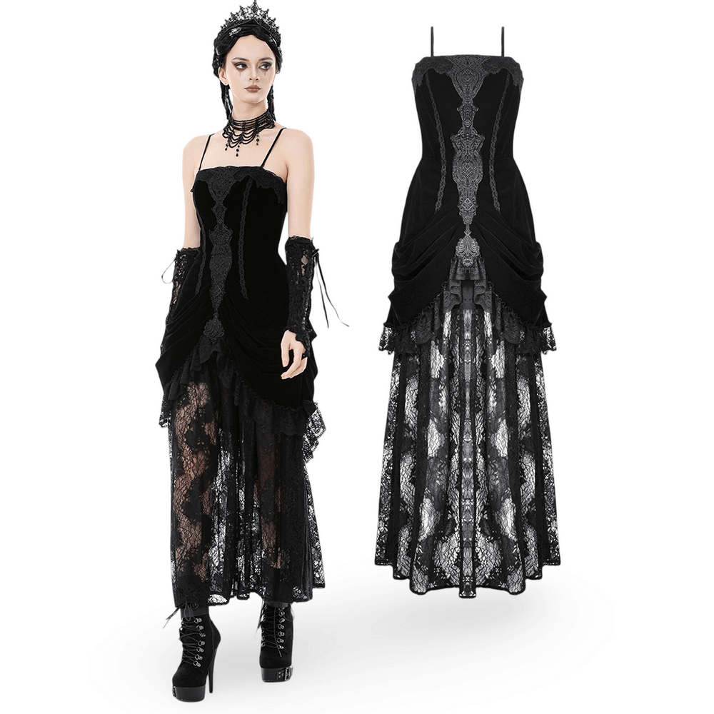 Victorian Gothic Lace and Velvet Layered Evening Dress