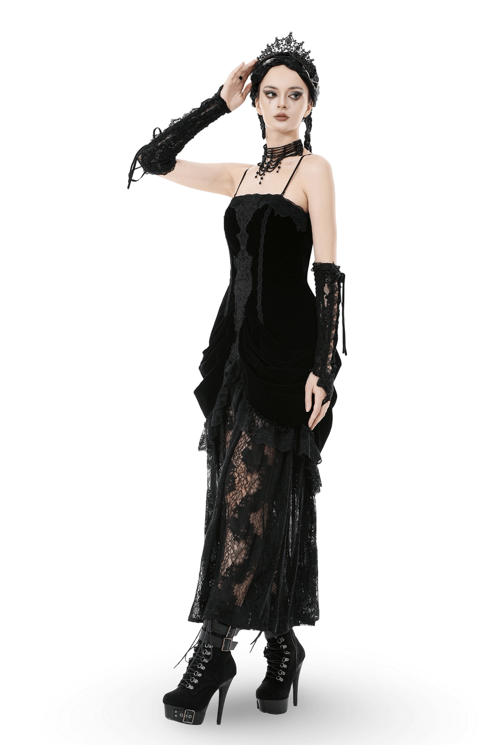 Victorian Gothic Lace and Velvet Layered Evening Dress