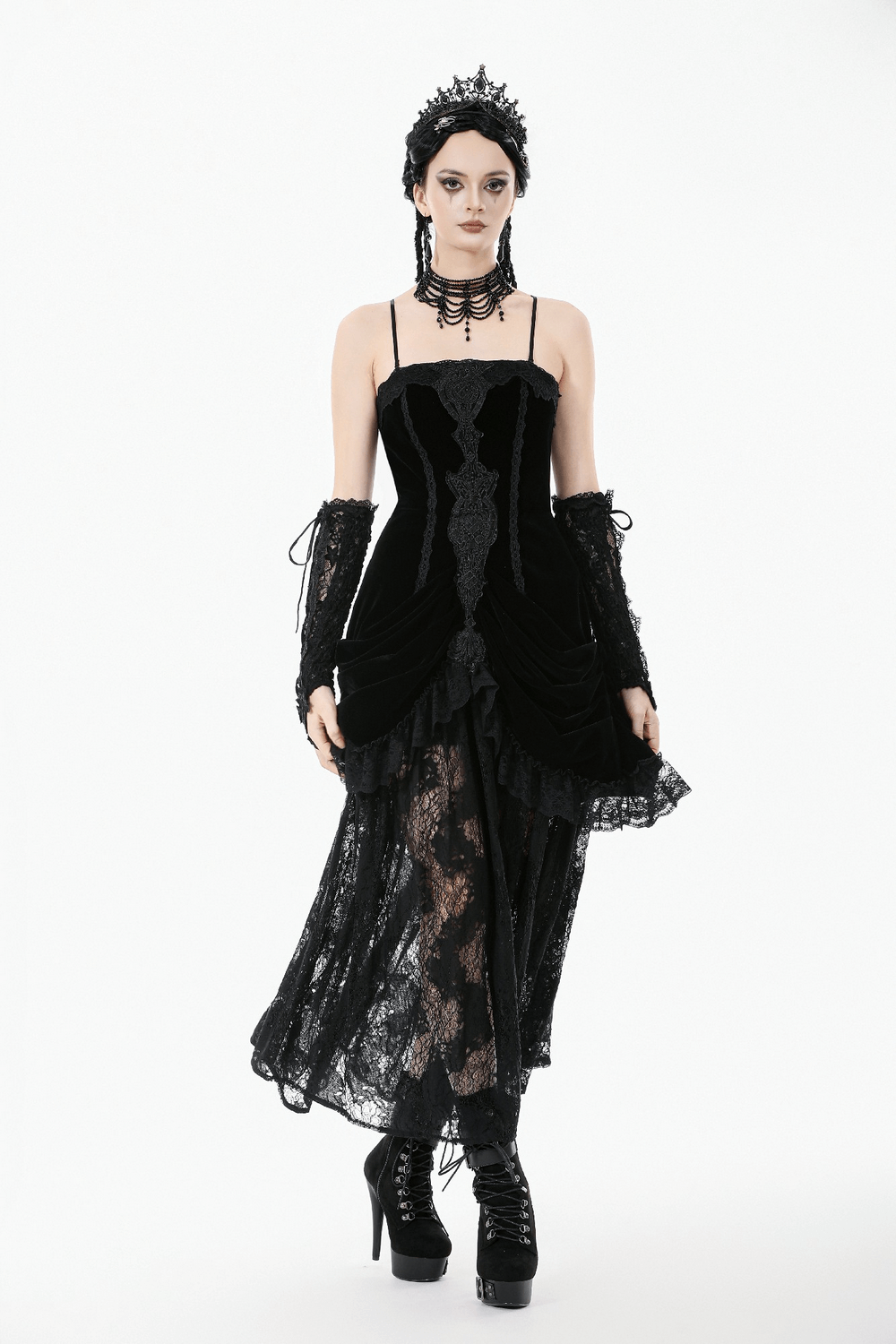 Victorian Gothic Lace and Velvet Layered Evening Dress