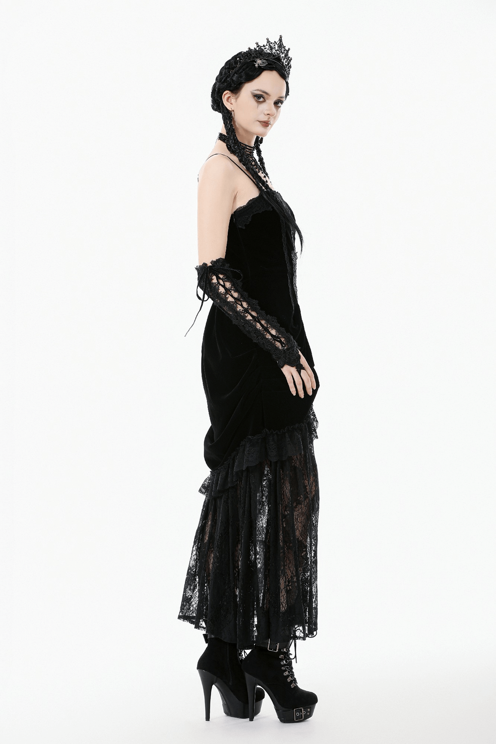 Victorian Gothic Lace and Velvet Layered Evening Dress