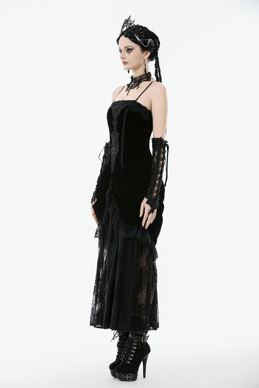 Victorian Gothic Lace and Velvet Layered Evening Dress