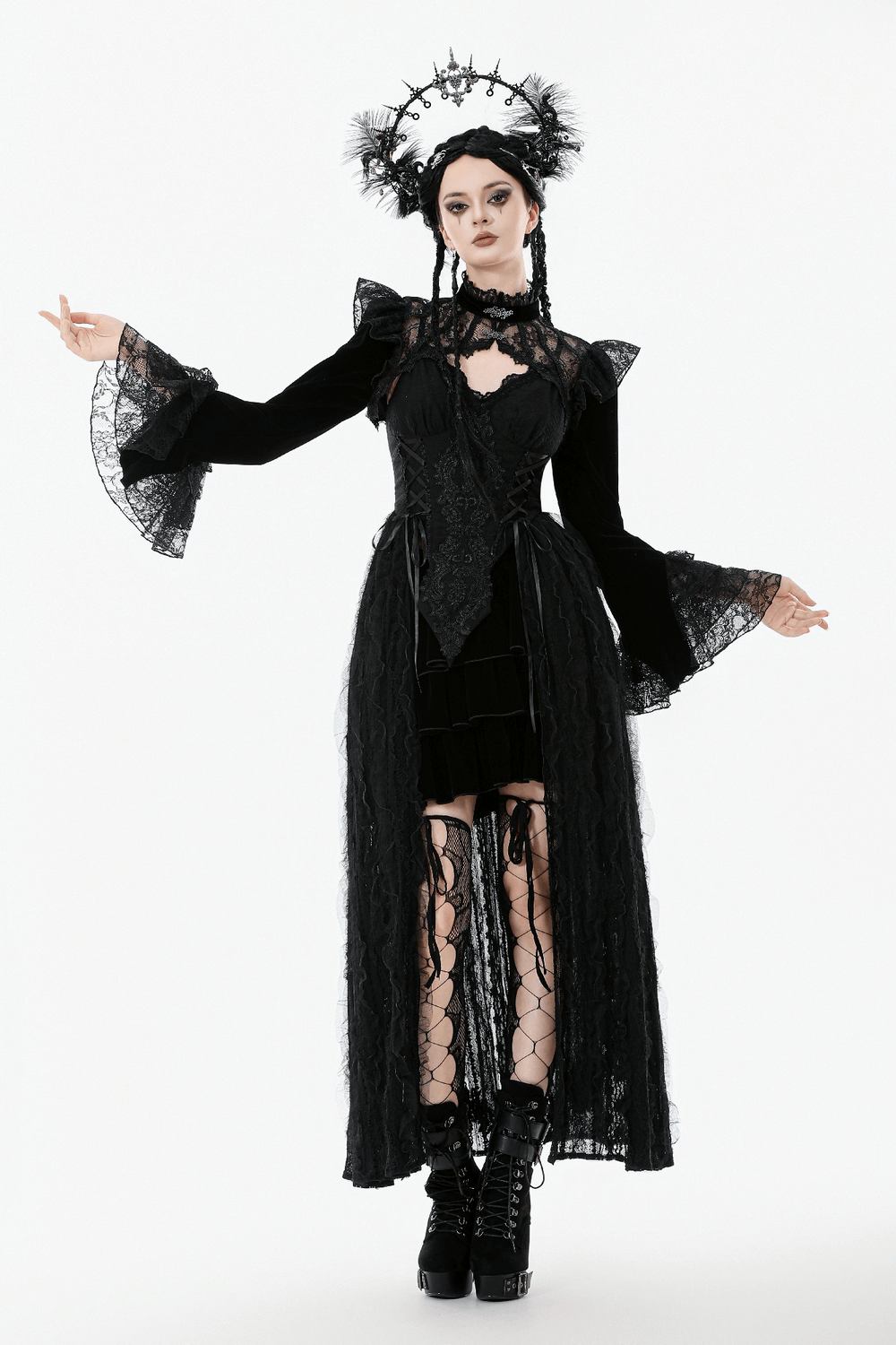 Victorian Gothic Lace Shrug with Velvet Bell Sleeves