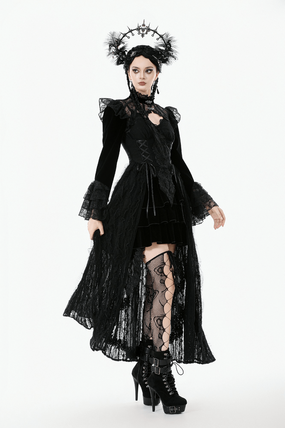 Victorian Gothic Lace Shrug with Velvet Bell Sleeves
