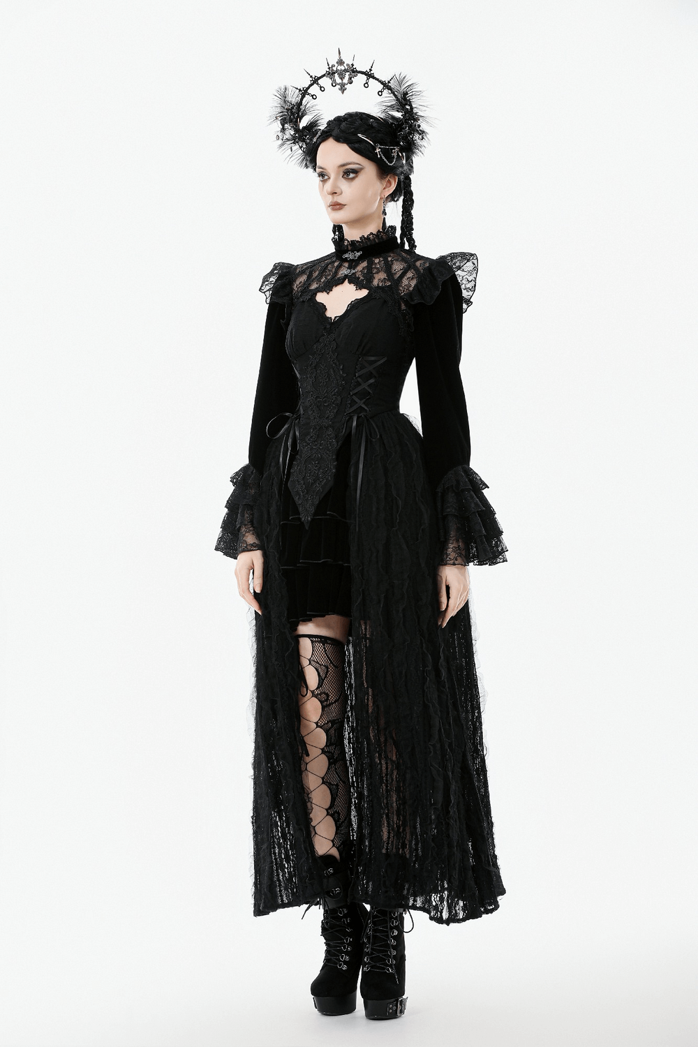 Victorian Gothic Lace Shrug with Velvet Bell Sleeves