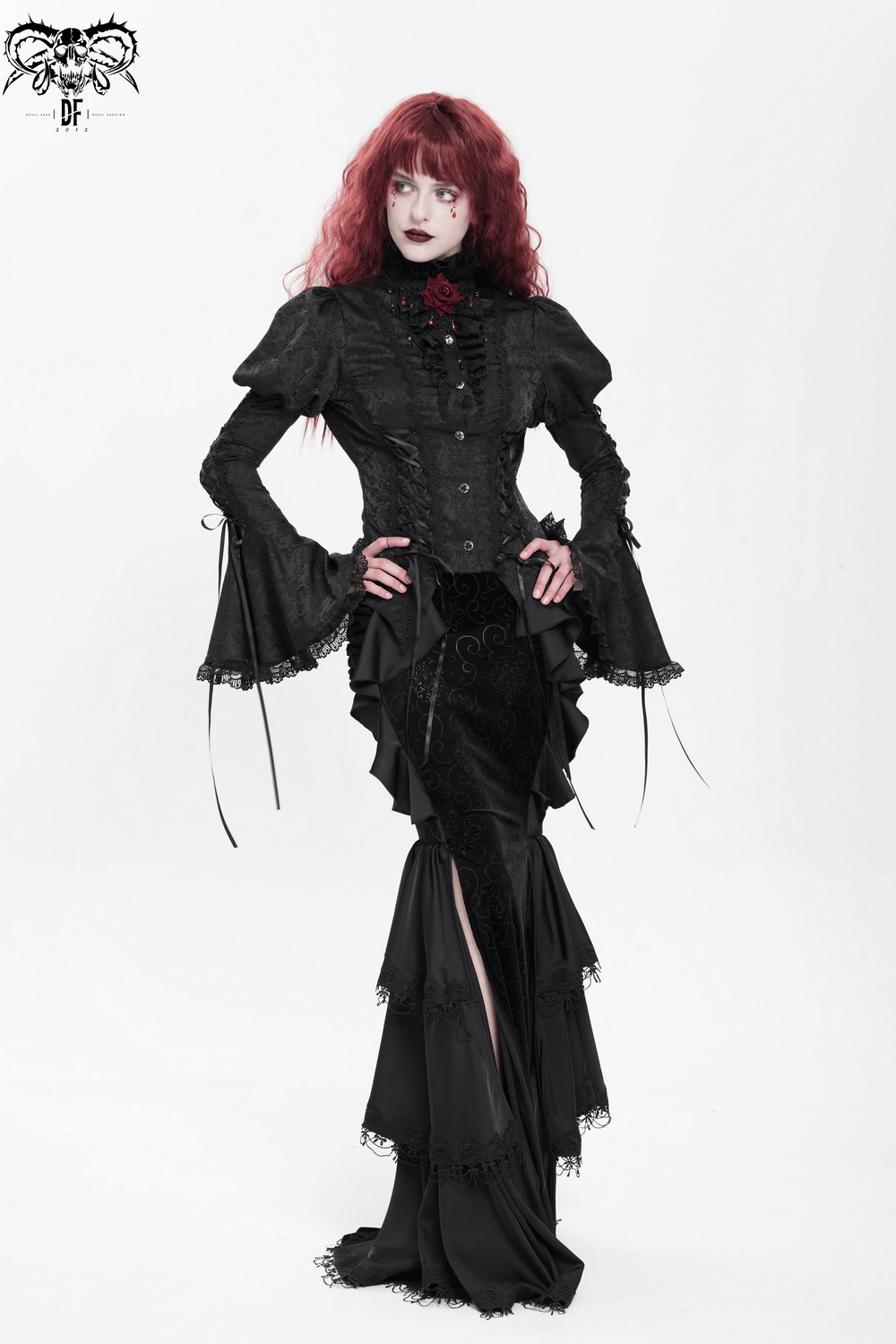 Victorian Gothic Lace Up Blouse with Bell Sleeves