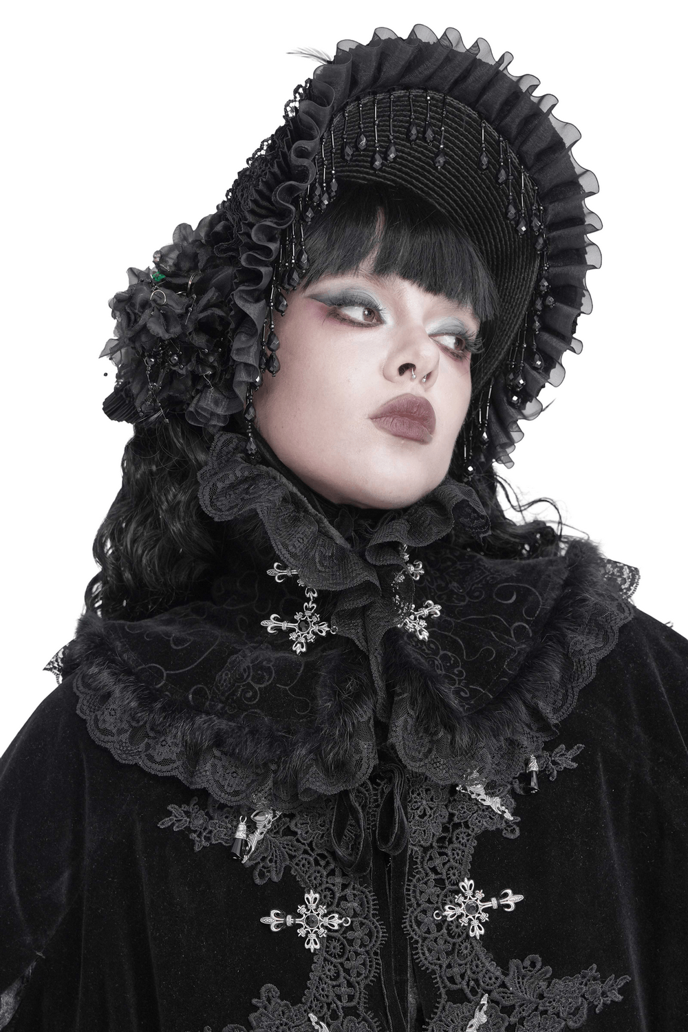 Victorian Gothic Stand Collar with Lace and Fur Trim