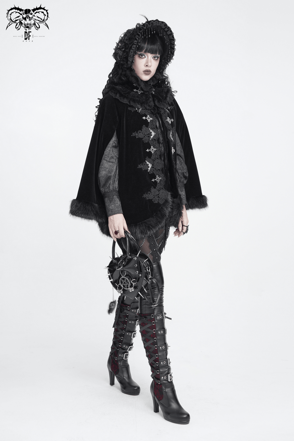 Victorian Gothic Stand Collar with Lace and Fur Trim