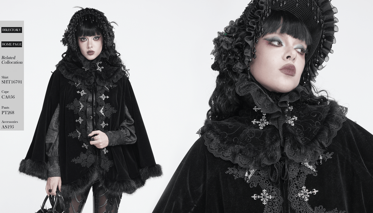 Victorian Gothic Stand Collar with Lace and Fur Trim