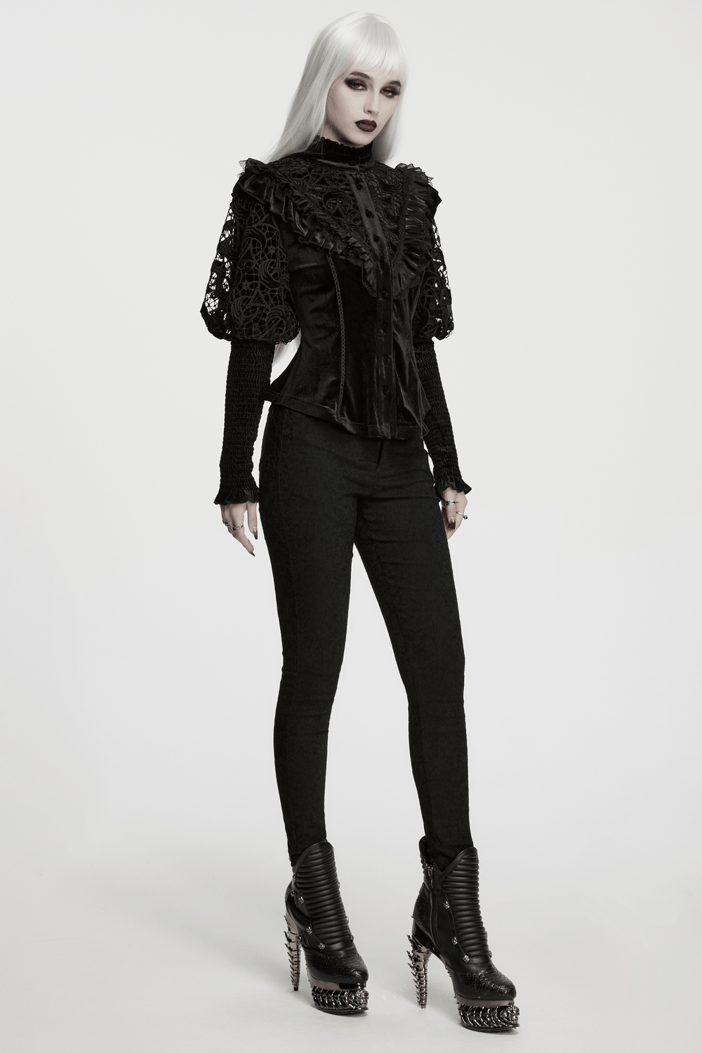 Victorian Gothic Velvet Blouse with Lace Puff Sleeves