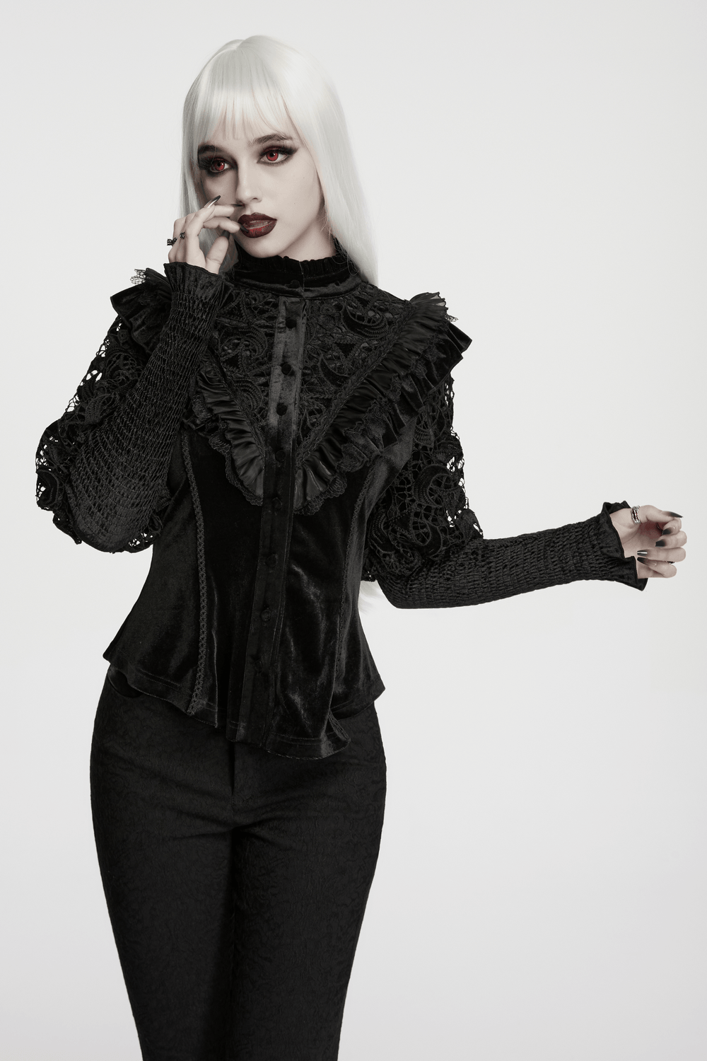 Victorian Gothic Velvet Blouse with Lace Puff Sleeves