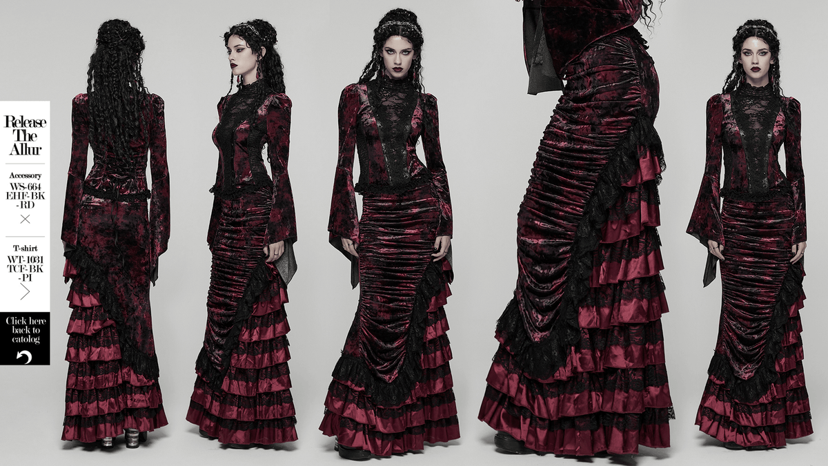 Victorian Gothic Velvet Skirt with Ruffled Lace Hem