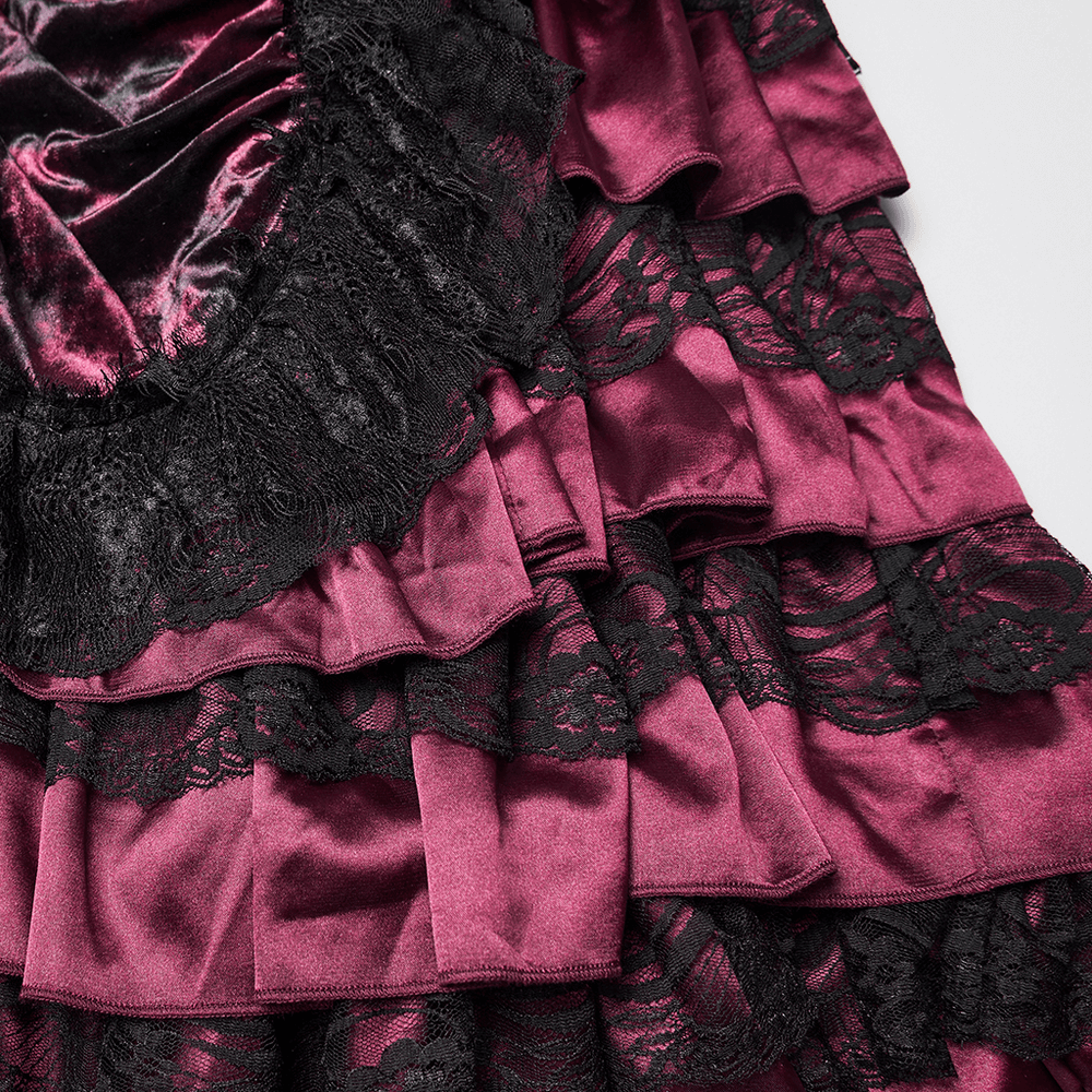 Victorian Gothic Velvet Skirt with Ruffled Lace Hem