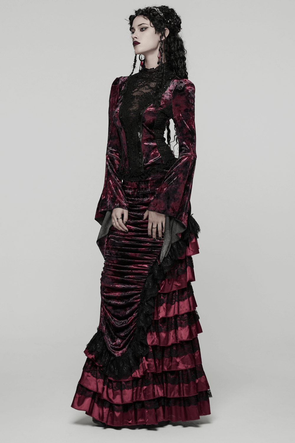 Victorian Gothic Velvet Skirt with Ruffled Lace Hem