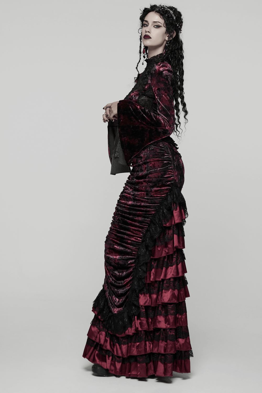 Victorian Gothic Velvet Skirt with Ruffled Lace Hem