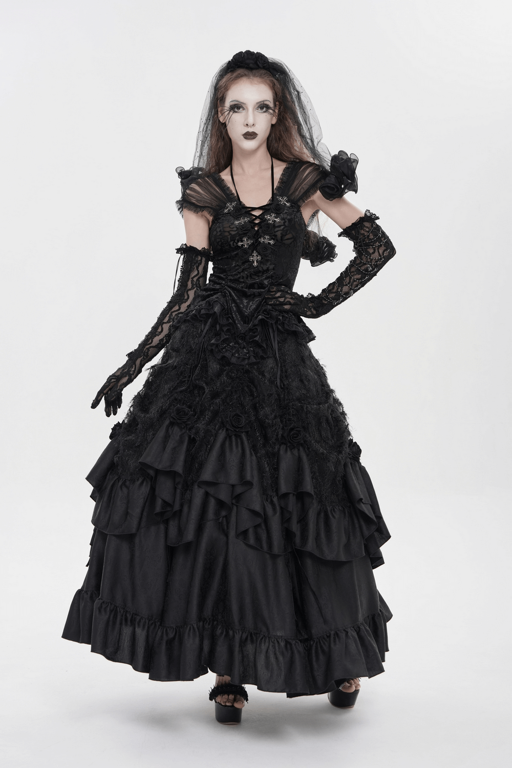 Victorian-Inspired Gothic Ruffle Skirt with Cross Details