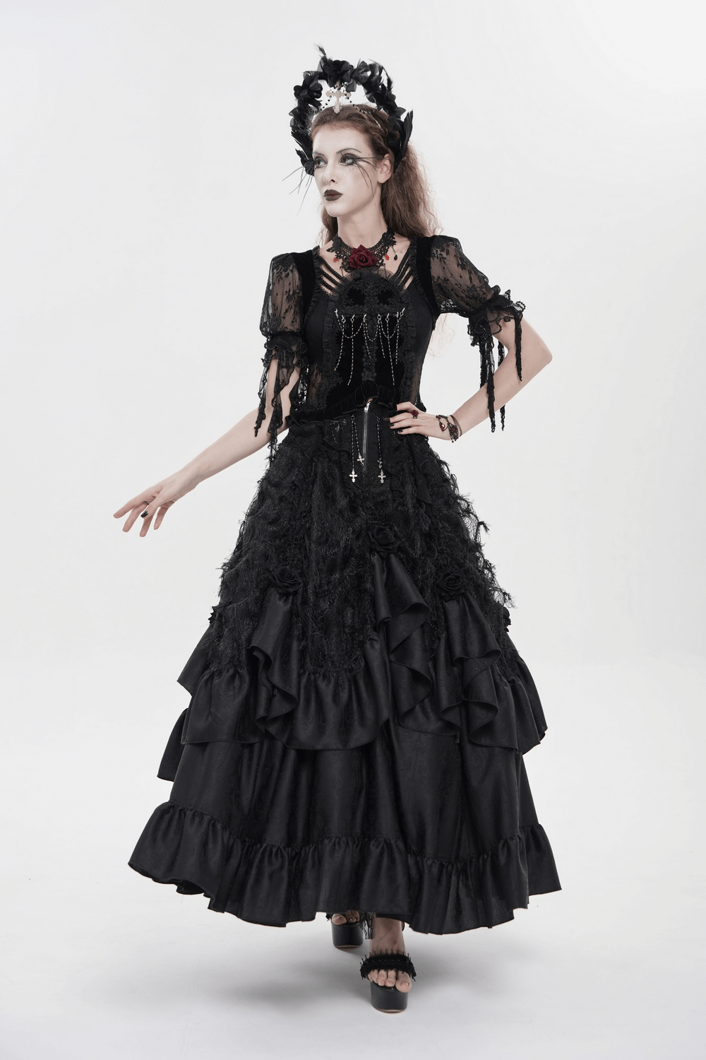 Victorian-Inspired Gothic Ruffle Skirt with Cross Details