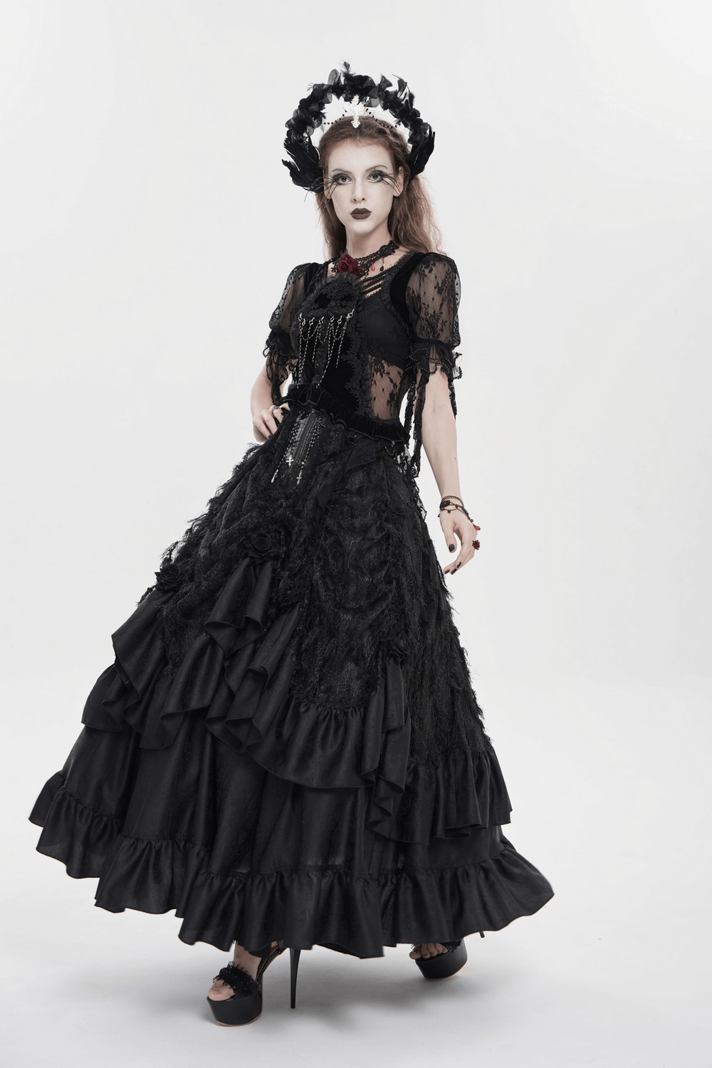Victorian-Inspired Gothic Ruffle Skirt with Cross Details