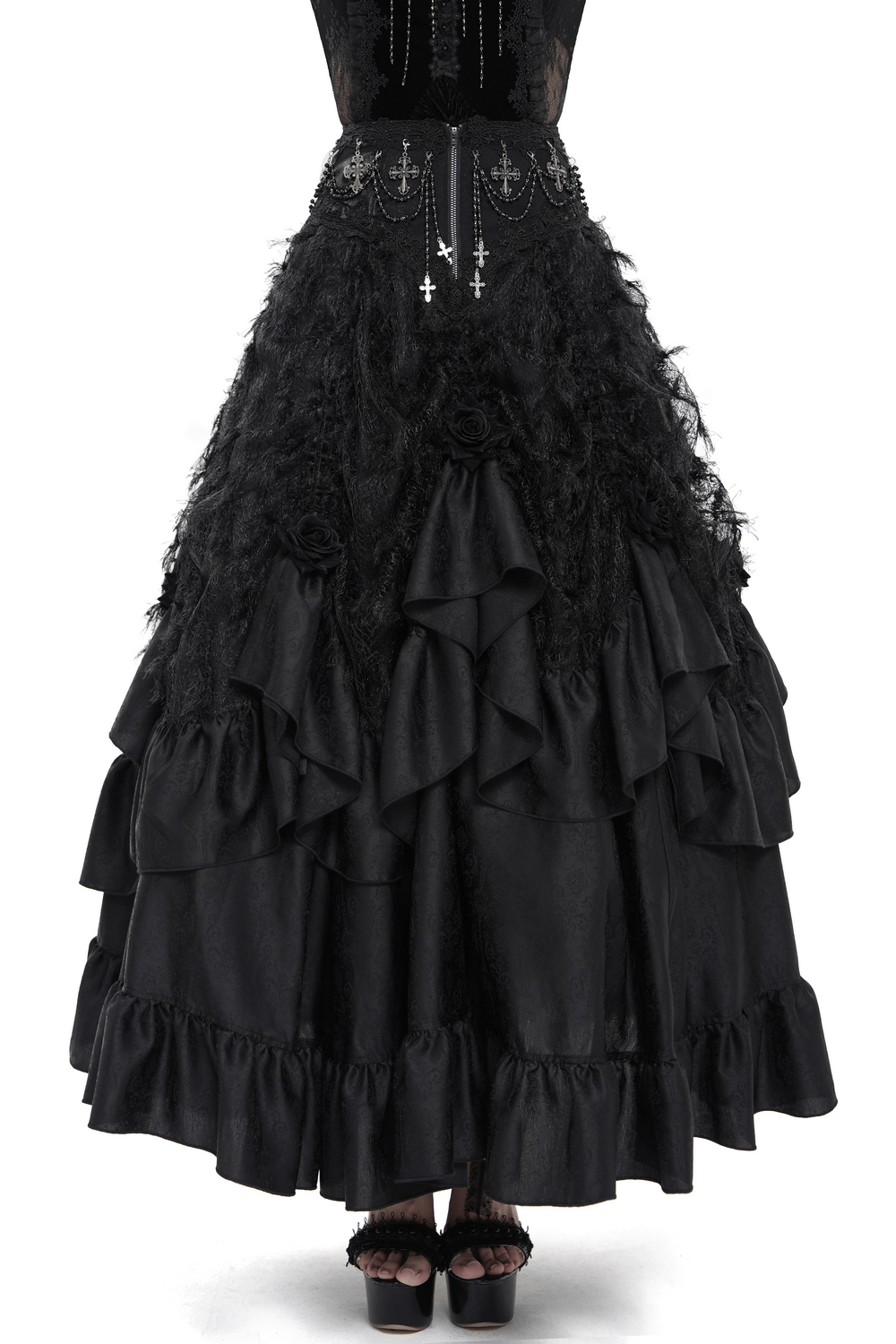Victorian-Inspired Gothic Ruffle Skirt with Cross Details