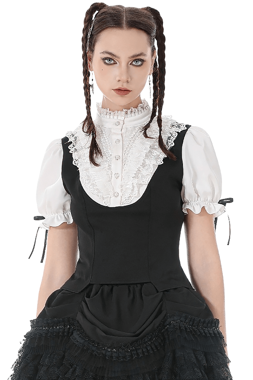 Victorian Lolita Blouse with Black Vest and Lace Ruffles