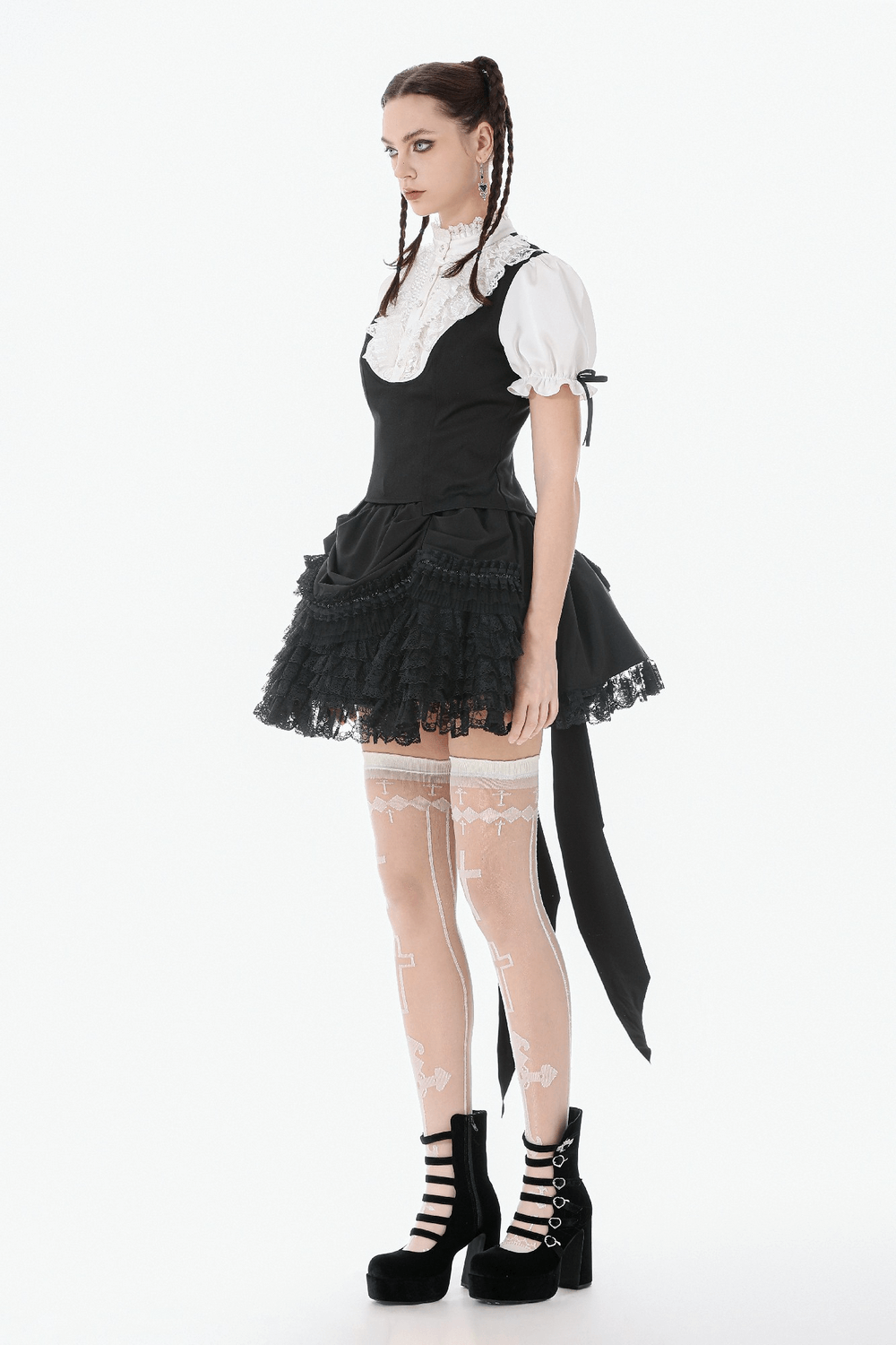 Victorian Lolita Blouse with Black Vest and Lace Ruffles