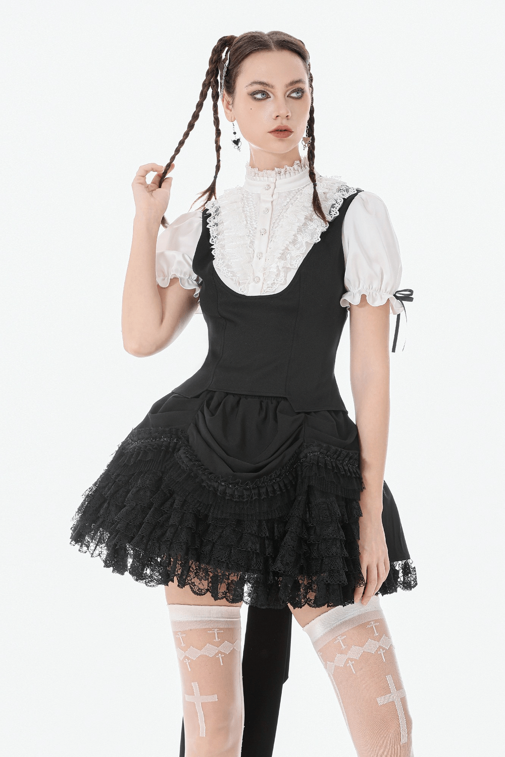 Victorian Lolita Blouse with Black Vest and Lace Ruffles