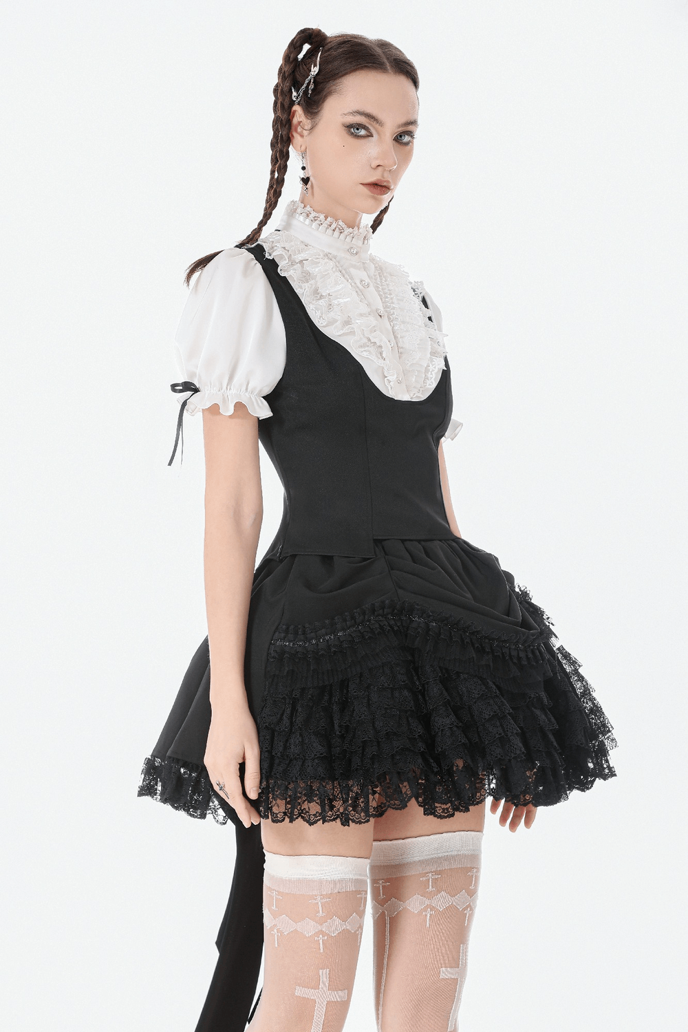 Victorian Lolita Blouse with Black Vest and Lace Ruffles