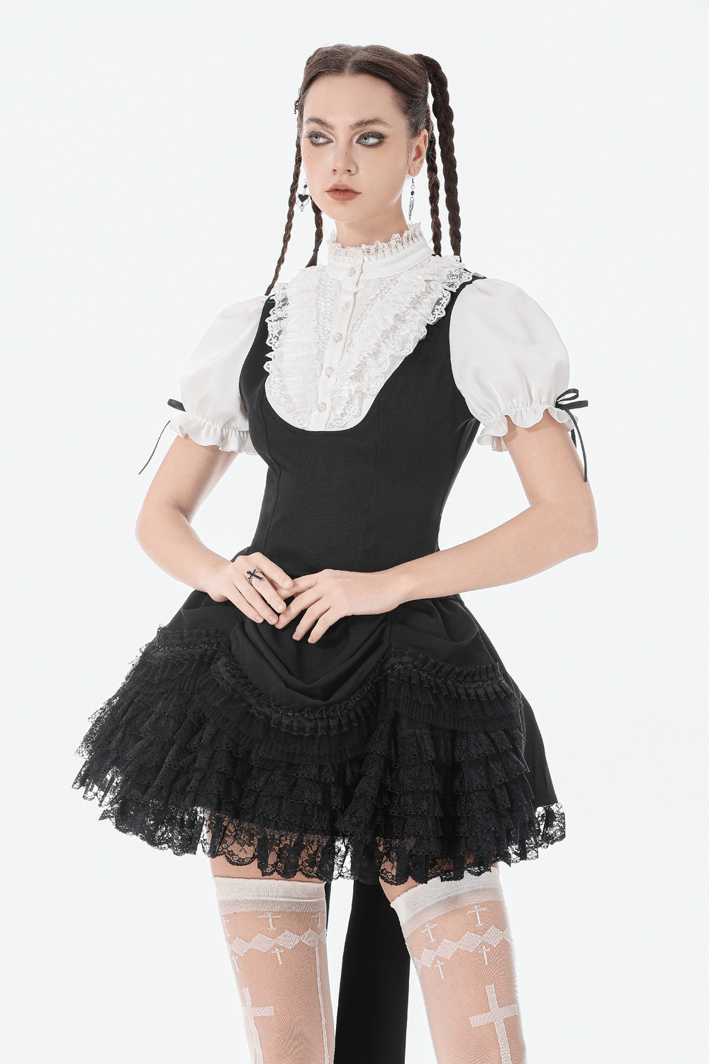 Victorian Lolita Blouse with Black Vest and Lace Ruffles