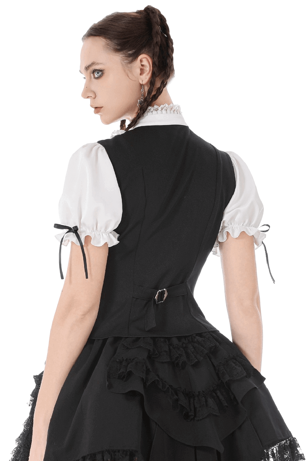 Victorian Lolita Blouse with Black Vest and Lace Ruffles