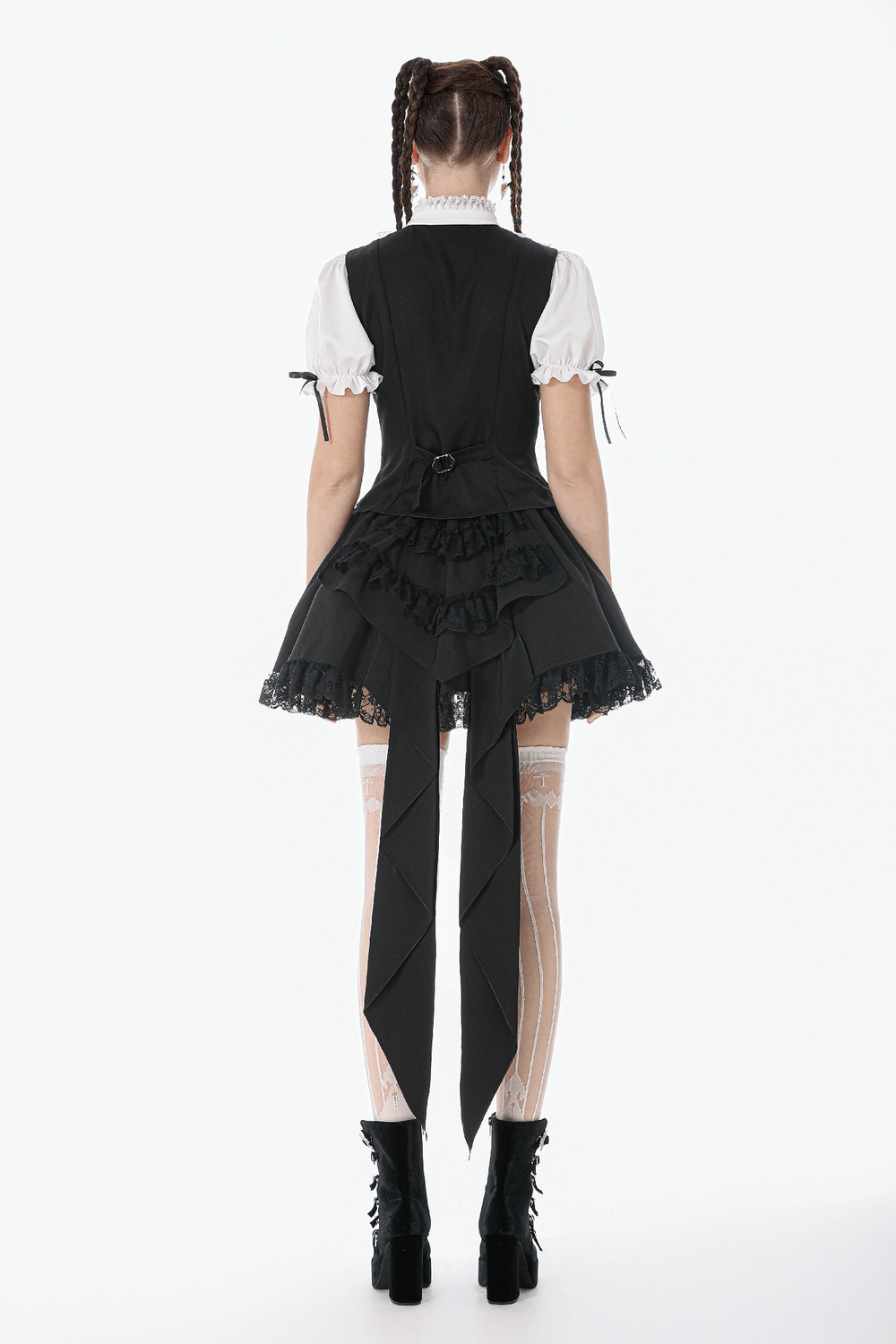 Victorian Lolita Blouse with Black Vest and Lace Ruffles