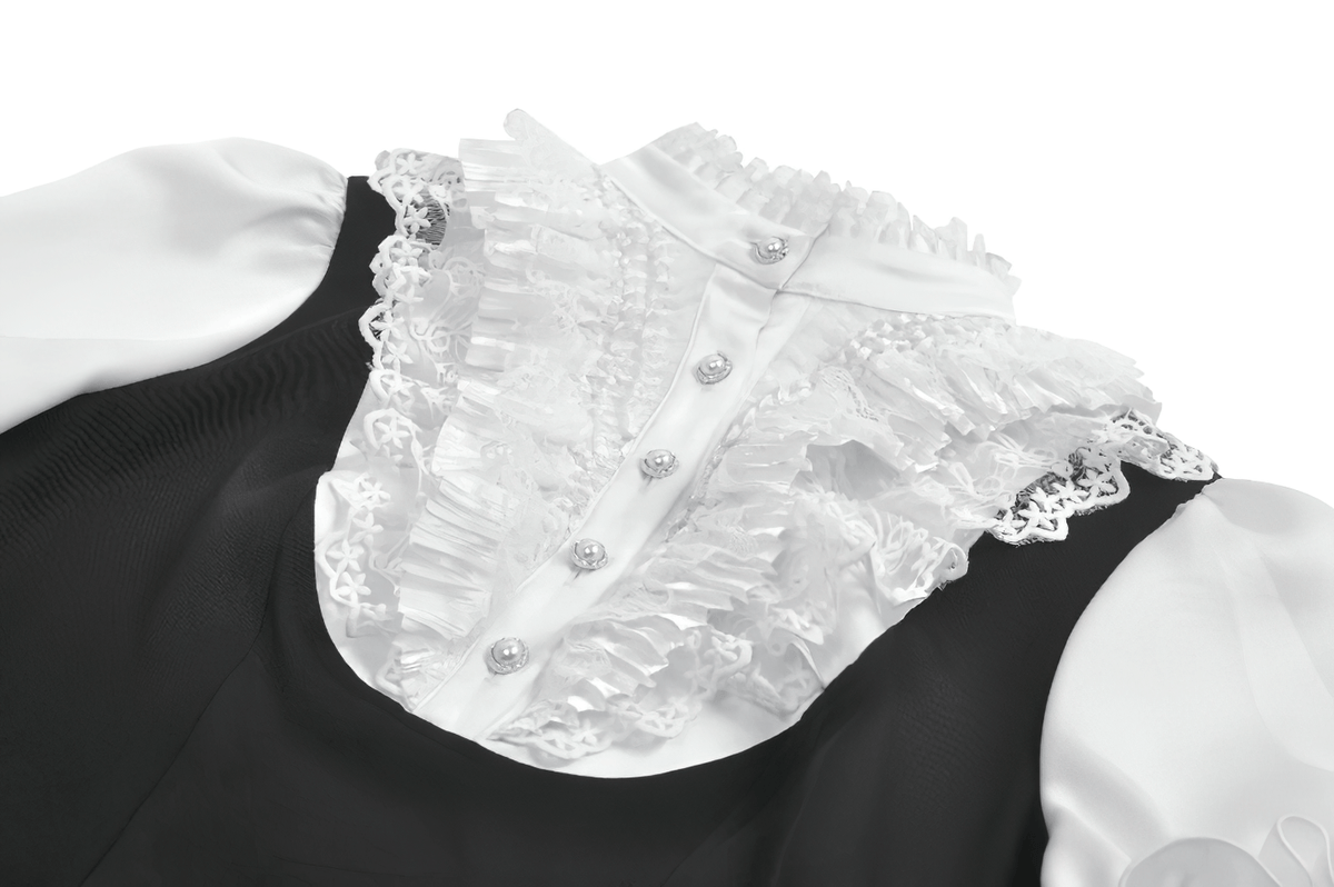 Victorian Lolita Blouse with Black Vest and Lace Ruffles