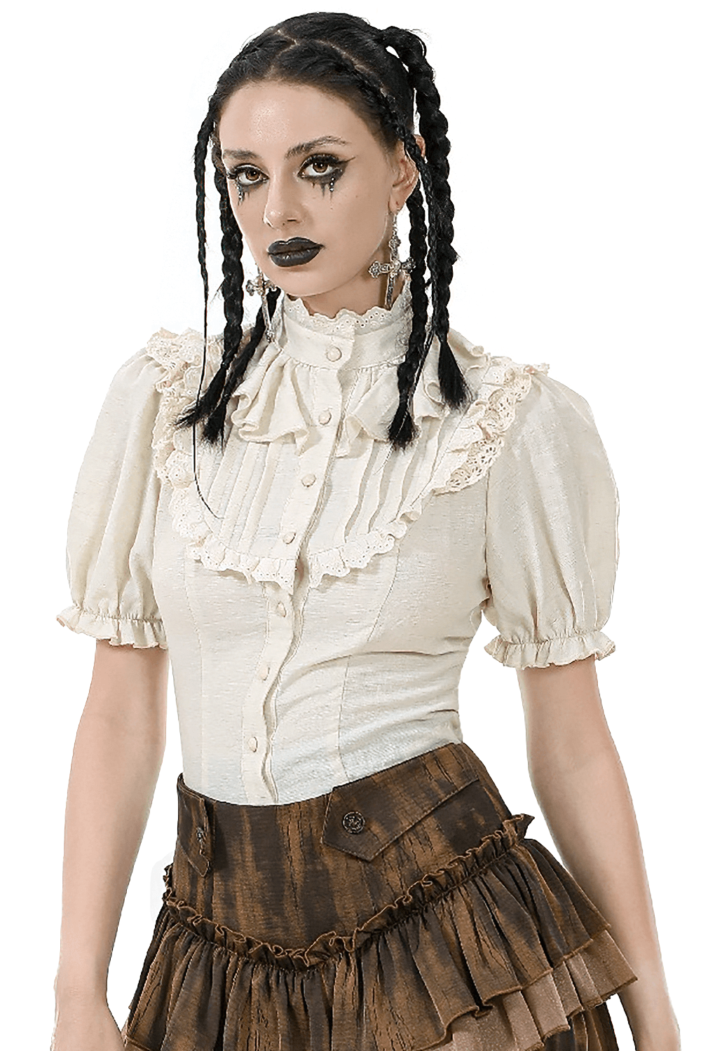 Victorian Puff Sleeved Blouse with Lace and Ruffle Detail