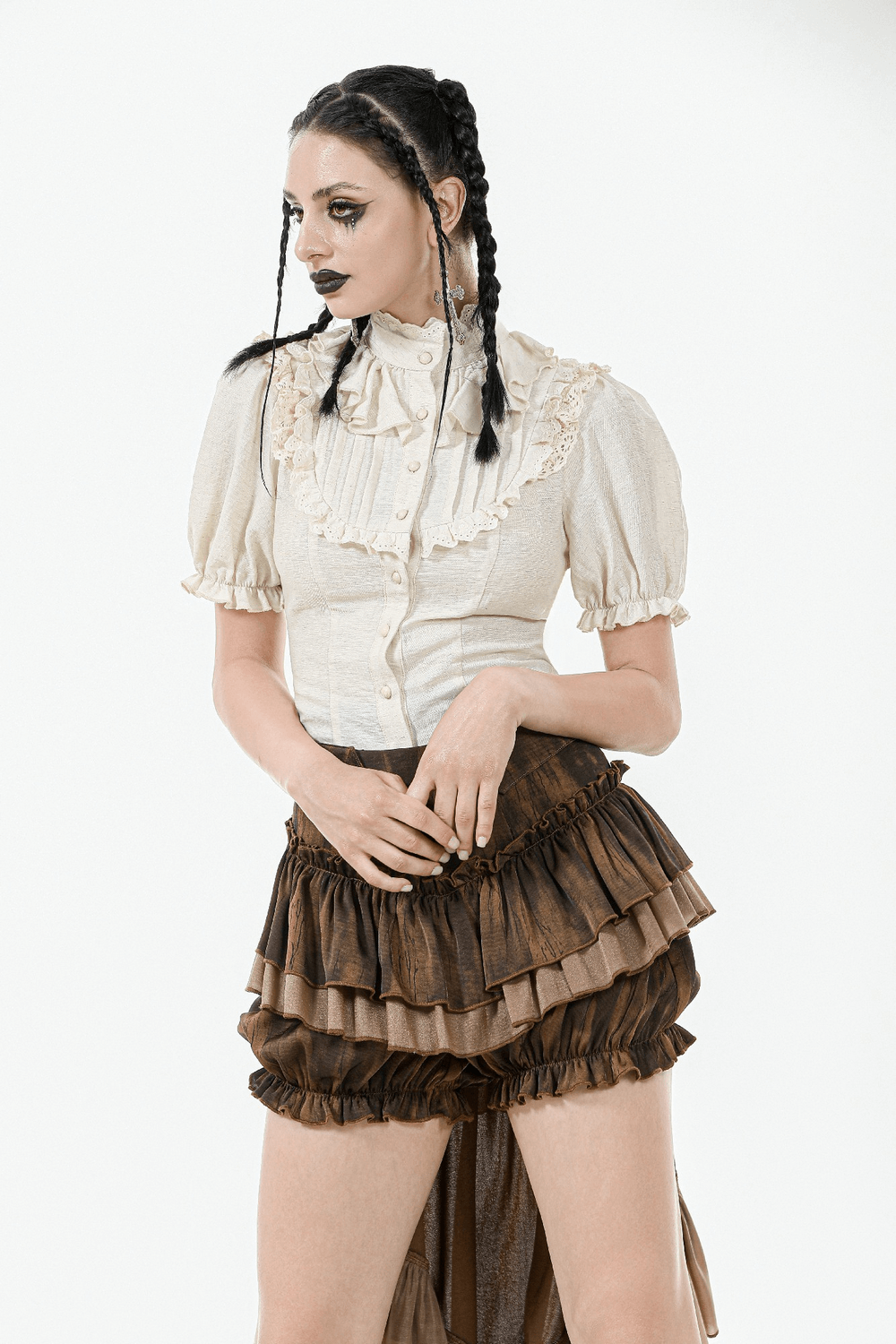 Victorian Puff Sleeved Blouse with Lace and Ruffle Detail