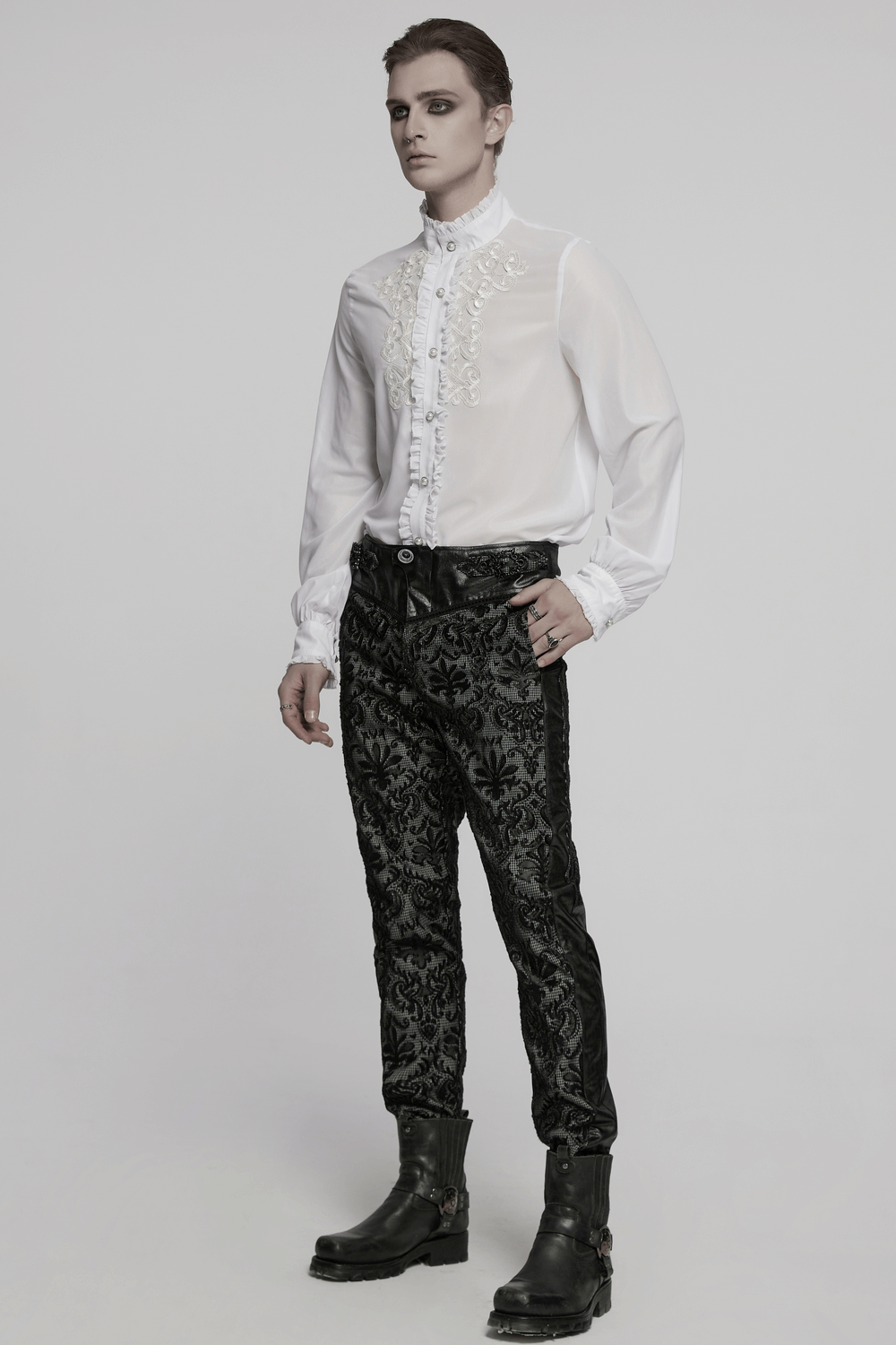 Victorian Ruffle Shirt with Gem Buttons and Embroidery