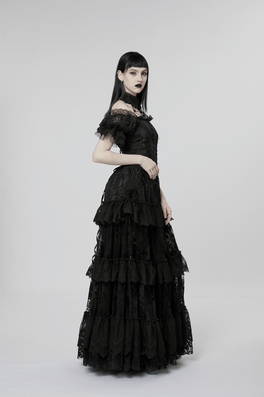 Victorian Short Sleeved Flocking Lace Layered Goth Dress