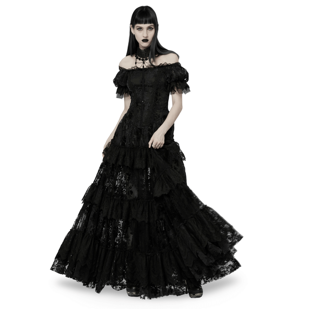 Victorian Short Sleeved Flocking Lace Layered Goth Dress