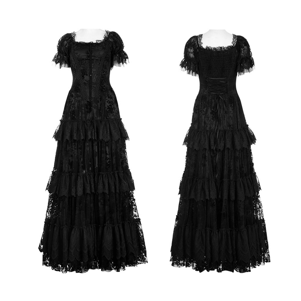 Victorian Short Sleeved Flocking Lace Layered Goth Dress