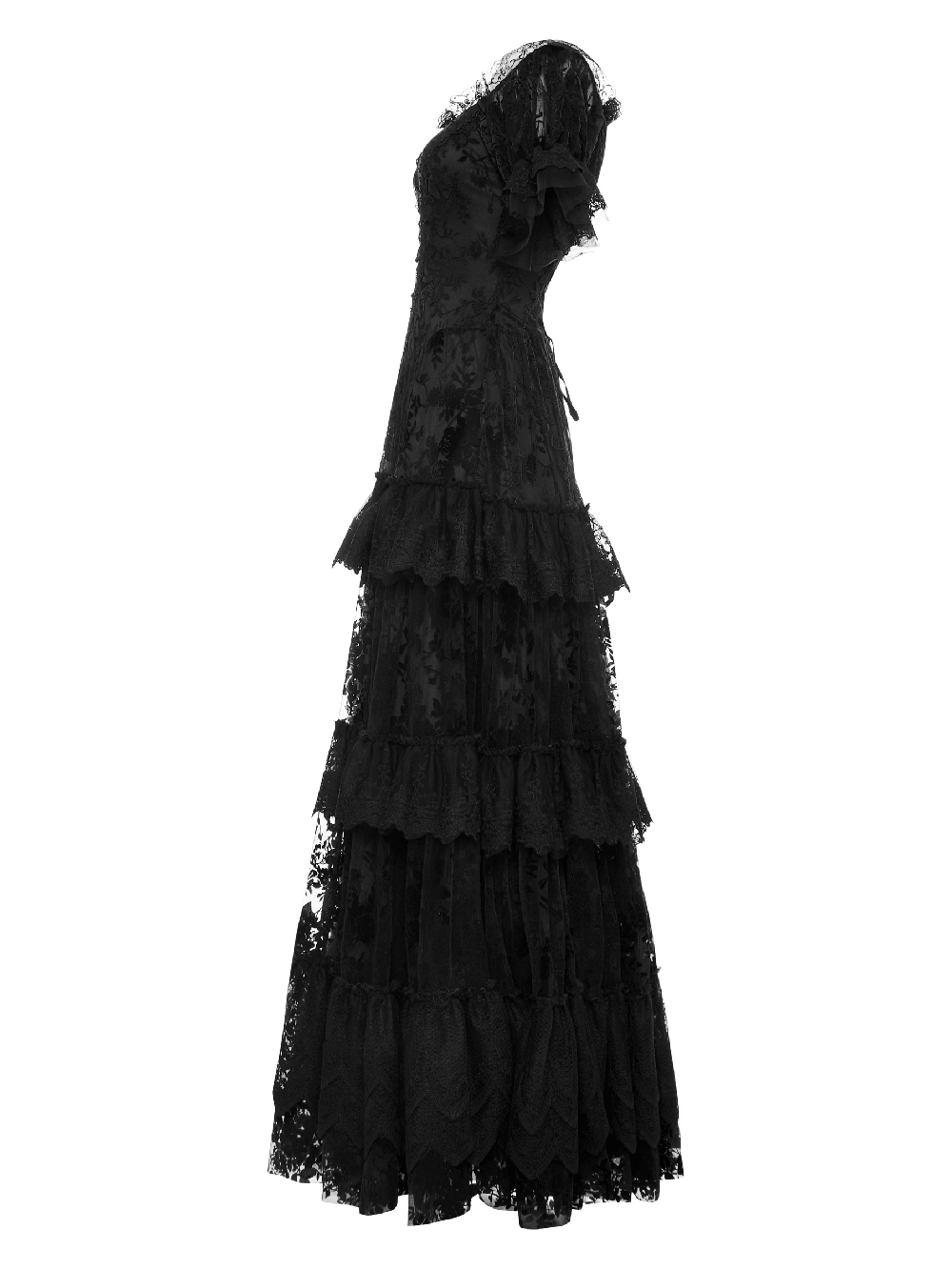 Victorian Short Sleeved Flocking Lace Layered Goth Dress