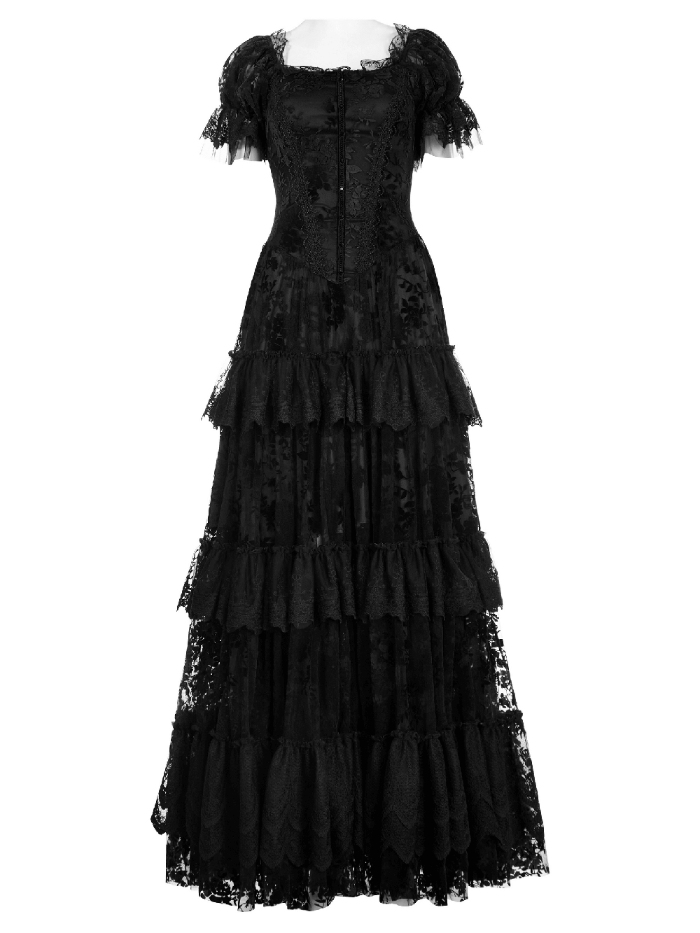 Victorian Short Sleeved Flocking Lace Layered Goth Dress
