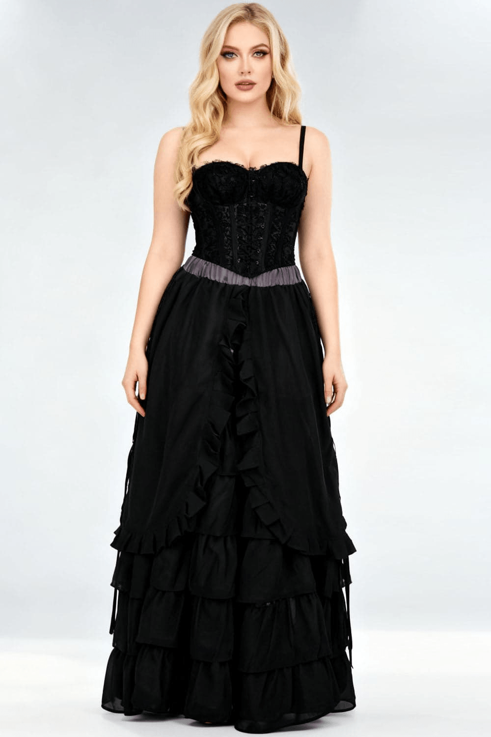 Victorian Tiered Maxi Skirt with Ruffle Hem and Waistband