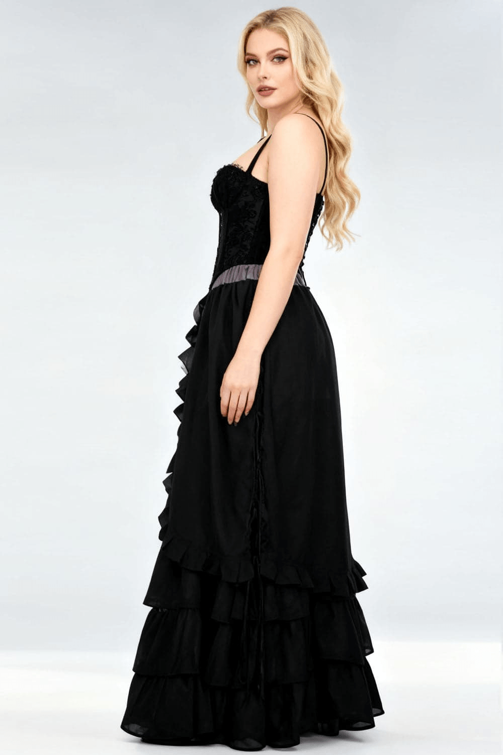 Victorian Tiered Maxi Skirt with Ruffle Hem and Waistband