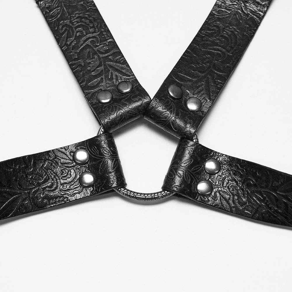 Vintage Embossed Leather Body Harness with Cross Straps