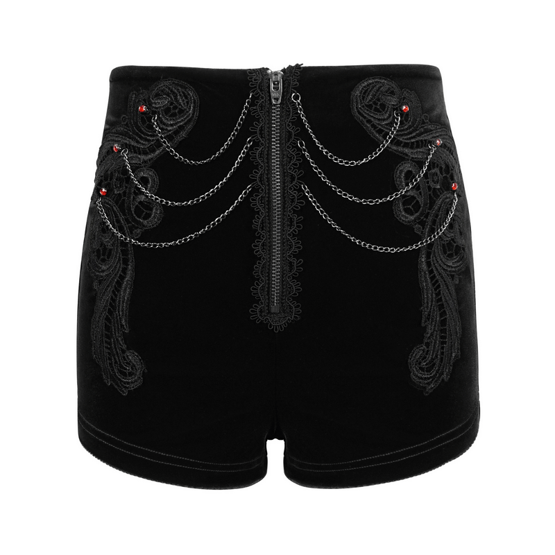 US SALE of Vintage Lace Appliqued Velvet Shorts / Gothic Black Shorts with Lace up on Back