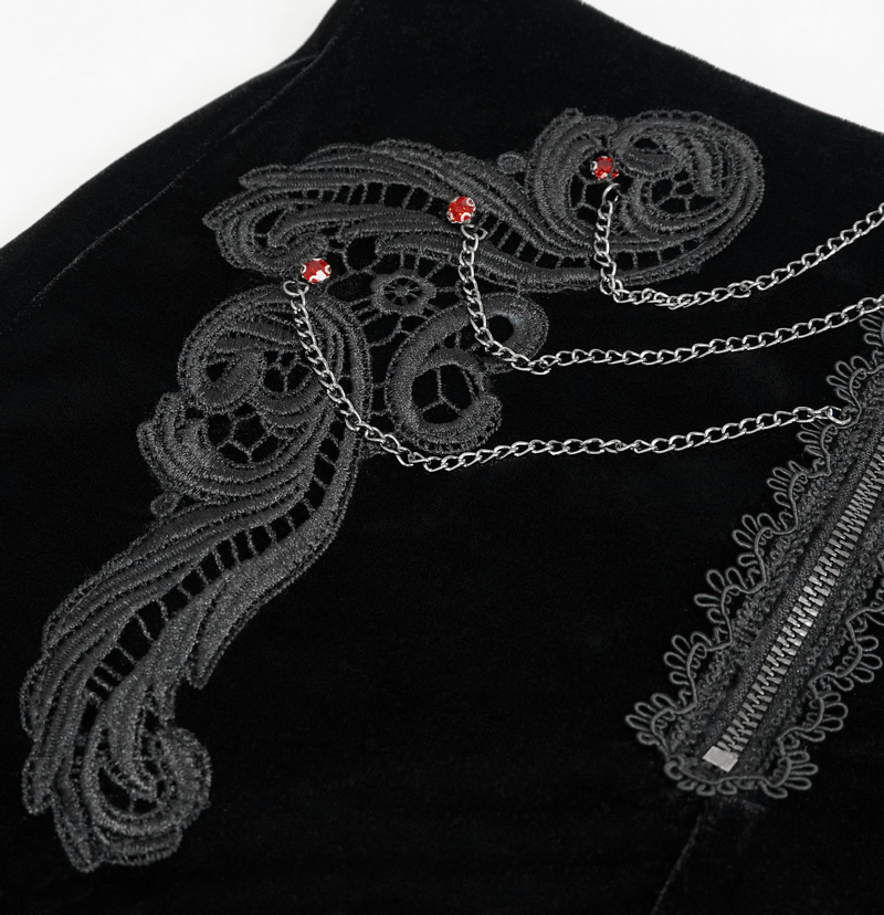 US SALE of Vintage Lace Appliqued Velvet Shorts / Gothic Black Shorts with Lace up on Back