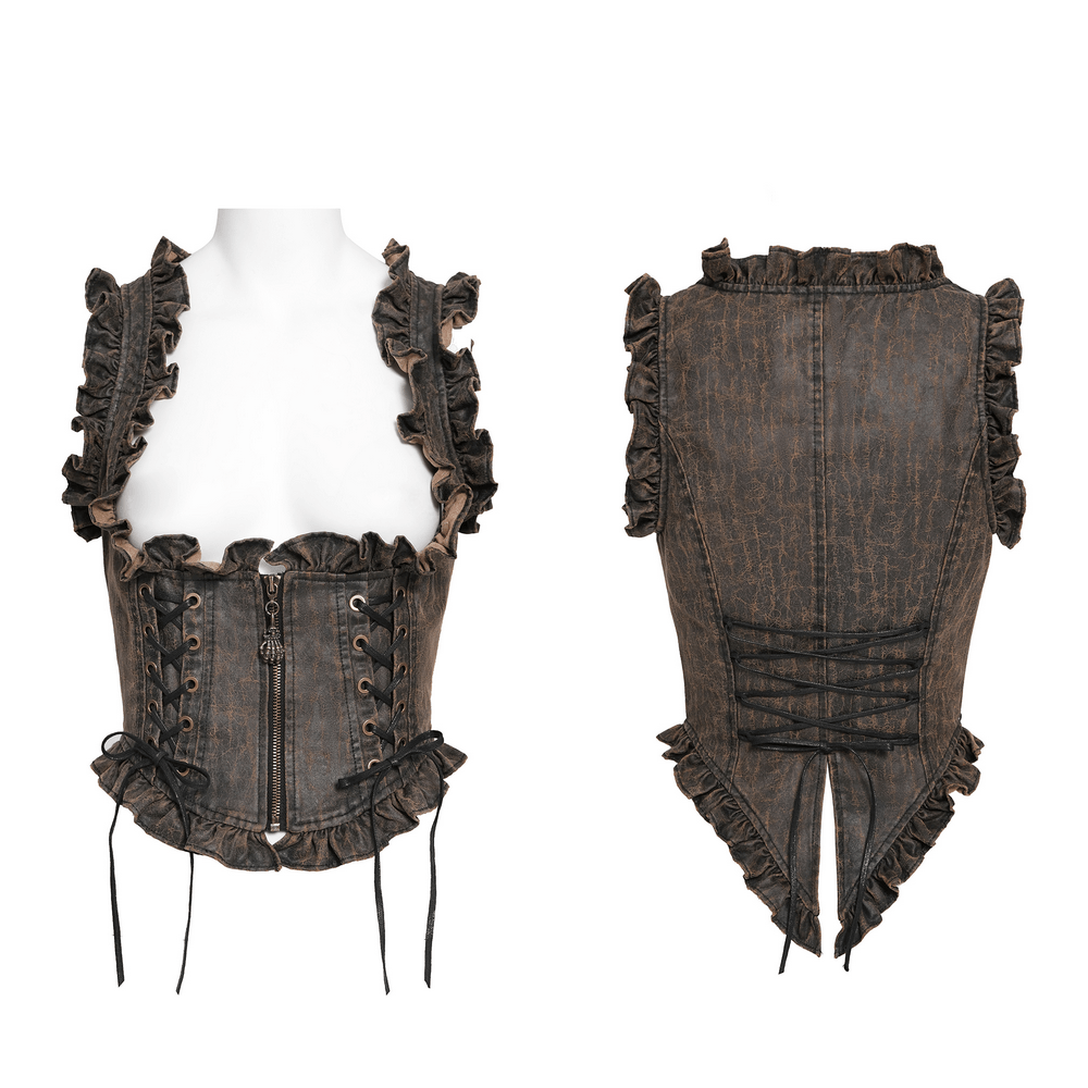 Vintage Lace-Up Waistcoat With Front Zipper Detail