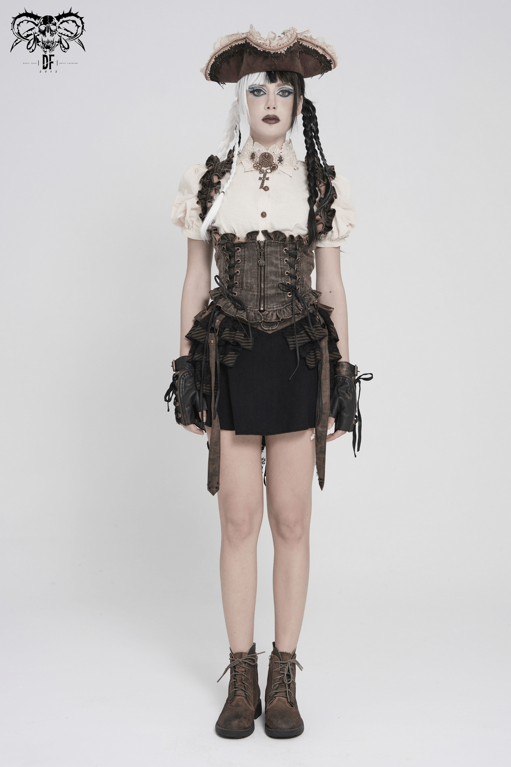 Vintage Lace-Up Waistcoat With Front Zipper Detail
