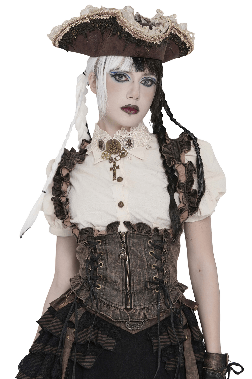 Vintage Lace-Up Waistcoat With Front Zipper Detail